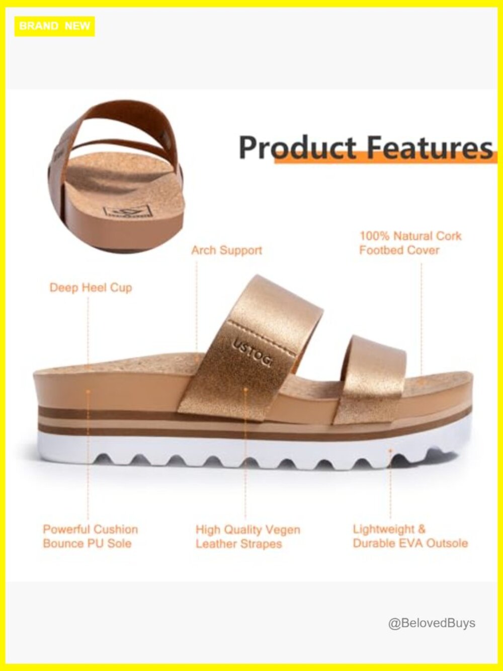 Women's Platform Sandals Arch Support Slides Cork Footbed Adjustable Straps - Picture 2 of 6